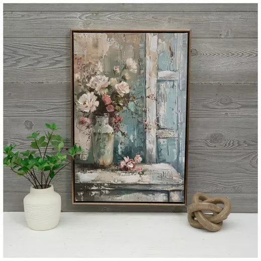 Decoración de pared en lienzo con ramo de pintura desgastada