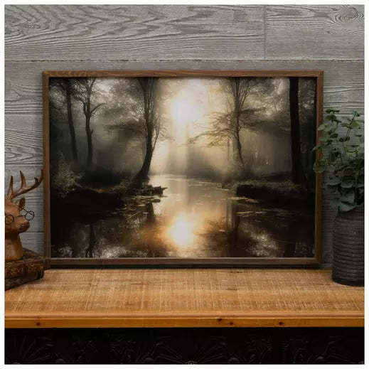 Decoración de pared de madera con escena de lago forestal
