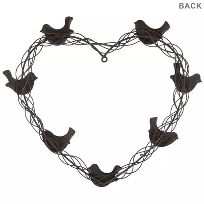 Decoración de pared de metal con corazones y pájaros