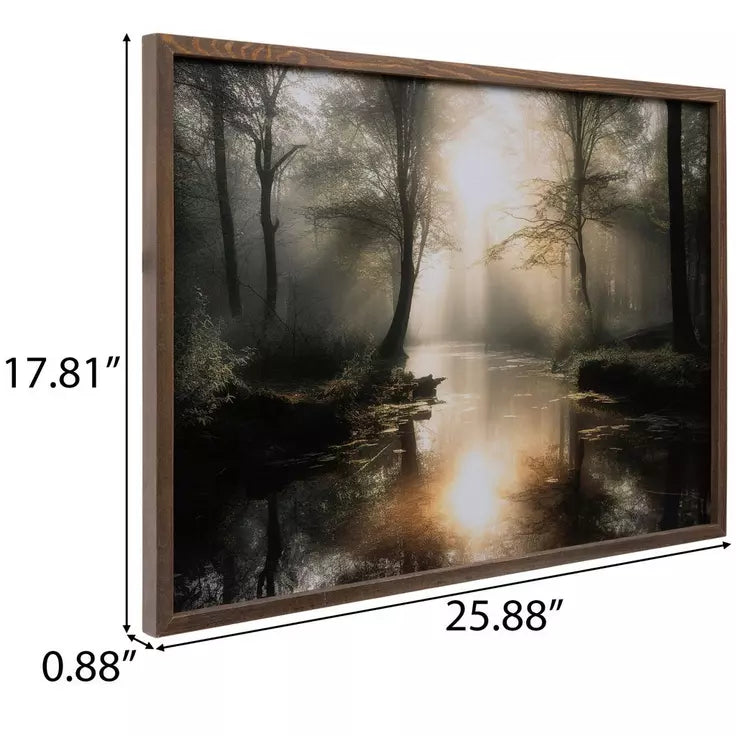 Decoración de pared de madera con escena de lago forestal
