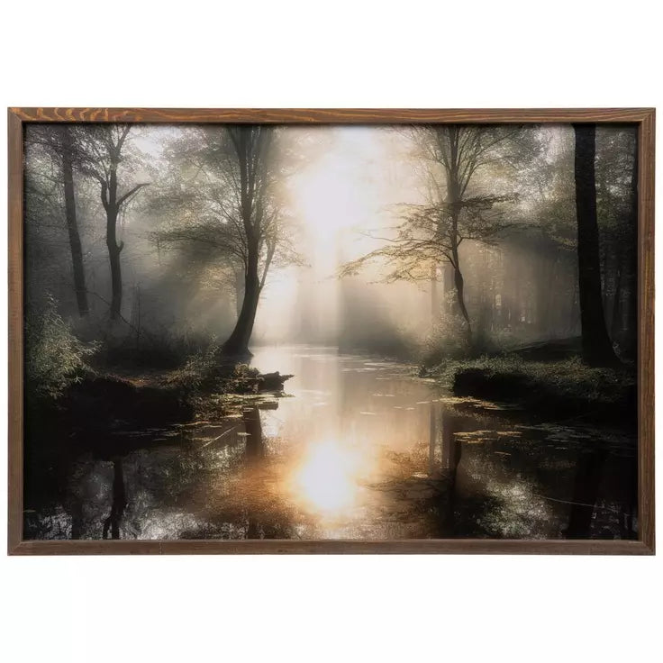 Decoración de pared de madera con escena de lago forestal