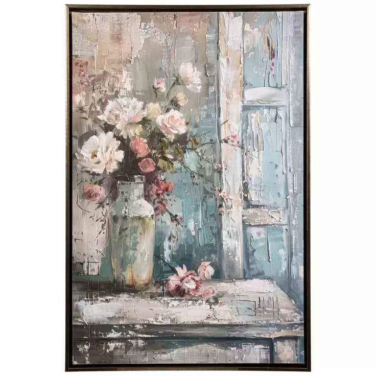 Decoración de pared en lienzo con ramo de pintura desgastada